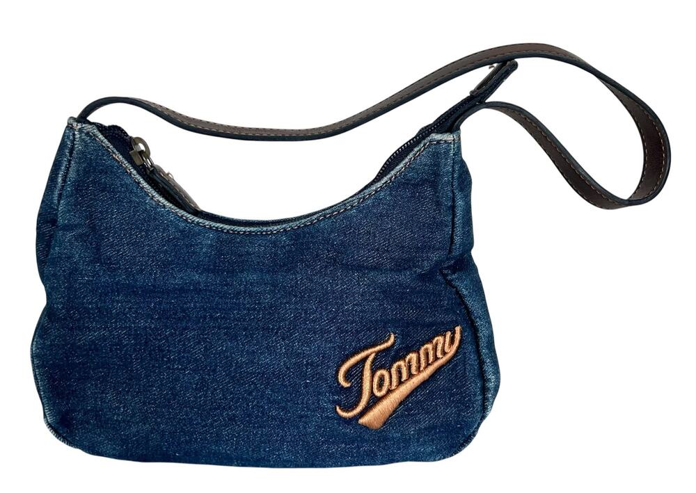 Vintage Tommy Hilfiger Y2K Denim Mini Shoulder Bag Blue Jean Baguette Purse Logo